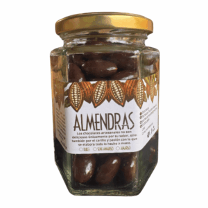 Frasco de almendras cubiertas con chocolate amargo 70% Pochteca, snack gourmet artesanal.