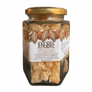 Frasco de jengibre cristalizado artesanal Pochteca, elaborado de forma natural, energético y funcional.