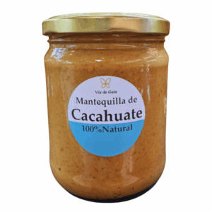 Frasco de 450 gramos de mantequilla de cacahuate 100% natural Vía de Gaia, sin aditivos, sin azúcar ni endulzantes añadidos.