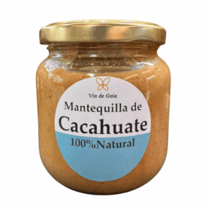 Frasco de mantequilla de cacahuate 100% natural Vía de Gaia, sin aditivos, sin azúcar ni endulzantes añadidos.