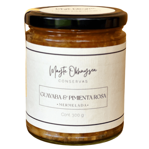 Frasco de Mermelada Artesanal de Guayaba con Pimienta Rosa 300g, elaborada de forma natural por Mayte Ohnuyzen Conservas.