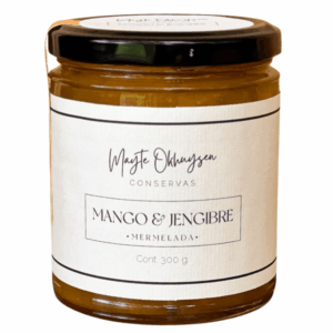 Frasco de Mermelada Artesanal Mango & Jengibre 300g, elaborada de manera natural y sin azúcar añadida por Mayte Ohnuyzen Conservas.