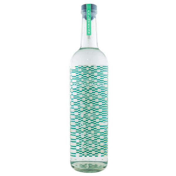 Botella de mezcal Derrumbes Zacatecas 750 ml, hecha con agave Tequilana, diseño verde claro y perfil limpio y floral.