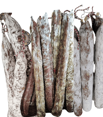 Variedad de salamis madurados DeliSlav: argentino, francés e italiano, colgantes y recubiertos con su capa natural de maduración.